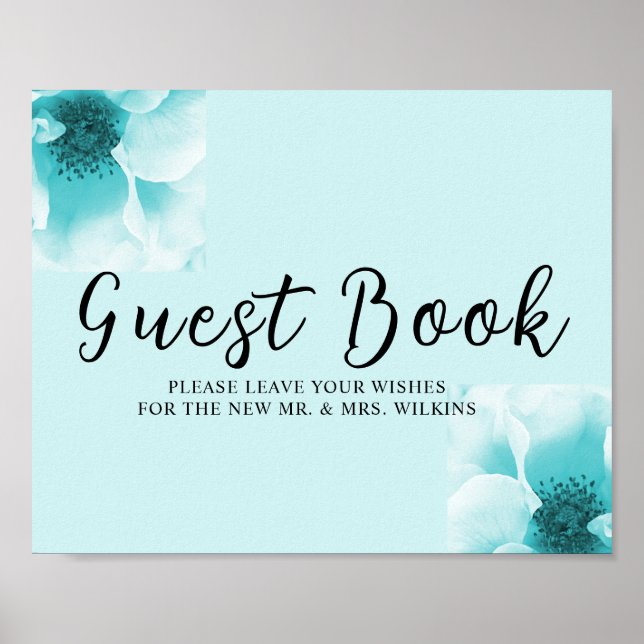 Abstraktes Blau- und Weiß-Blumen-Gästebuch-Schild Poster (Vorne)