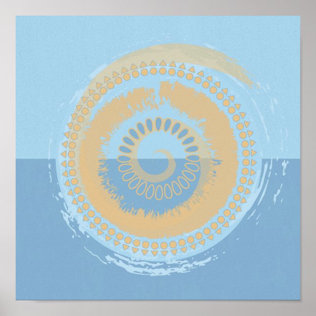 Abstraktes Blauer und Tan Spiralkreisdesign Poster (Vorne)