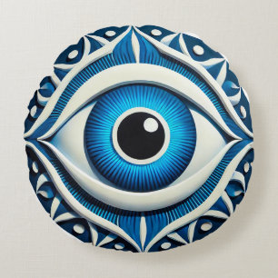 Abstraktes blaues böse-Augen-Symbol Rundes Kissen