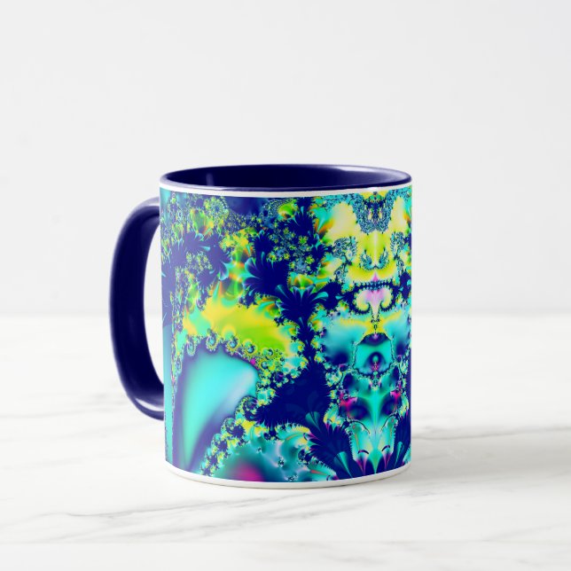 Abstraktes blaues Cyan Green-Fraktal Tasse (Vorderseite Links)