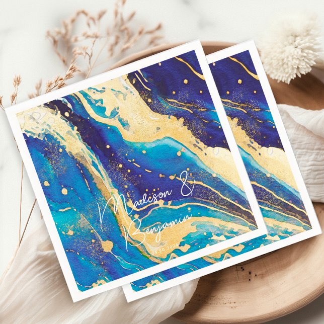 Abstraktes blaues Gold Personalisierte Hochzeit Serviette (Von Creator hochgeladen)