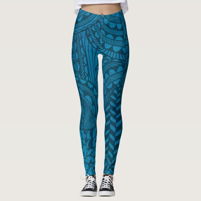 Abstraktes blaues Kunstmuster Leggings (Vorderseite)