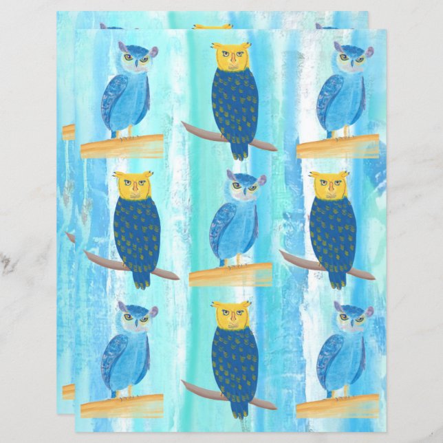 Abstraktes blaues Owls Türkisblaue Bäume Scrapbook (Vorne/Hinten)