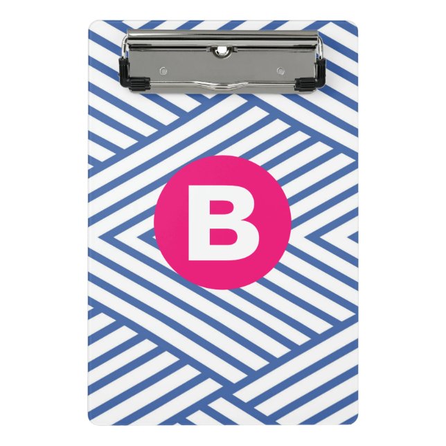 Abstraktes blaues Streifenmuster mit rosa Monogram Mini Klemmbrett (Vorderseite)