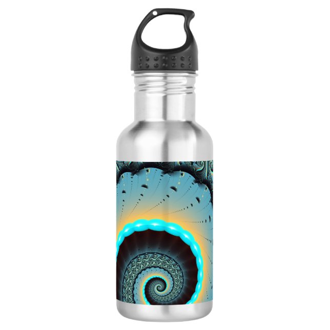 Abstraktes blaues Türkis Orange Fraktal Edelstahlflasche (Vorderseite)