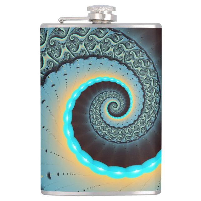 Abstraktes blaues Türkis Orange Fraktal Flachmann (Vorderseite)