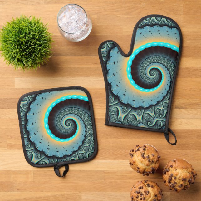 Abstraktes blaues Türkis Orange Fraktal Ofenhandschuh & Topflappen-Set (Oben Unten)