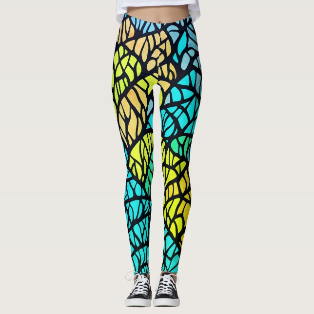 Abstraktes blaugelbes Schwarz-Streifen Leggings (Vorderseite)