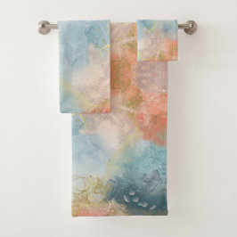 Abstraktes, blauorange-rosa Design    Badhandtuch Set