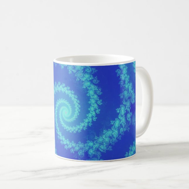 Abstraktes Blue Cyan Spiral Fraktal Kaffeetasse (VorderseiteRechts)