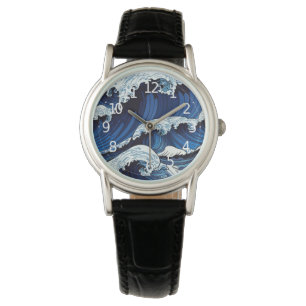 Abstraktes Blue Ocean Waves Artwork im japanischen Armbanduhr