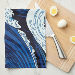 Abstraktes Blue Ocean Waves Artwork im japanischen Geschirrtuch