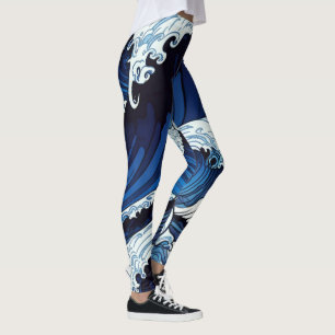 Abstraktes Blue Ocean Waves Artwork im japanischen Leggings