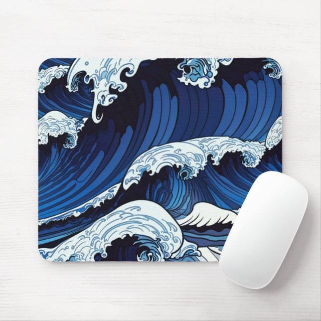 Abstraktes Blue Ocean Waves Artwork im japanischen Mousepad (Mit Mouse)