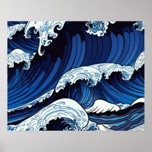 Abstraktes Blue Ocean Waves Artwork im japanischen Poster