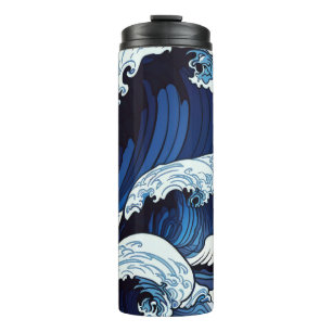 Abstraktes Blue Ocean Waves Artwork im japanischen Thermosbecher