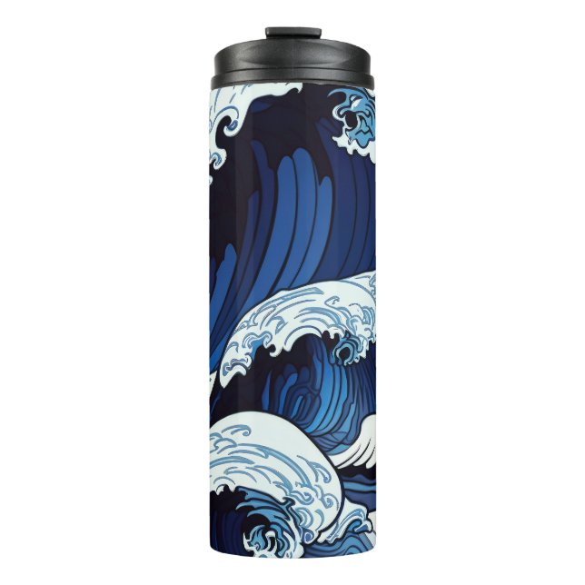 Abstraktes Blue Ocean Waves Artwork im japanischen Thermosbecher (Vorderseite)