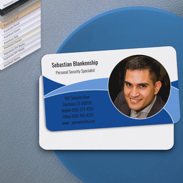 Abstraktes Blue Security Berufliches benutzerdefin Visitenkarte (Professional photo business card template design front and blank back)