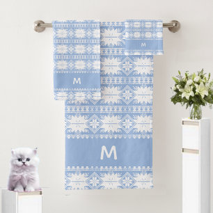 Abstraktes Blumenmuster auf Hellblau und Weiß Badhandtuch Set