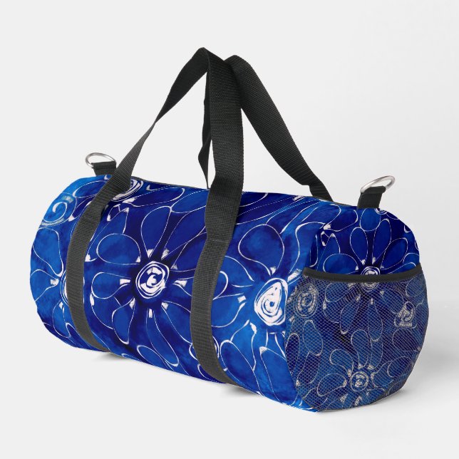 Abstraktes Blumenmuster Blaue weiße Blume Duffle Bag (Rechte Ecke)