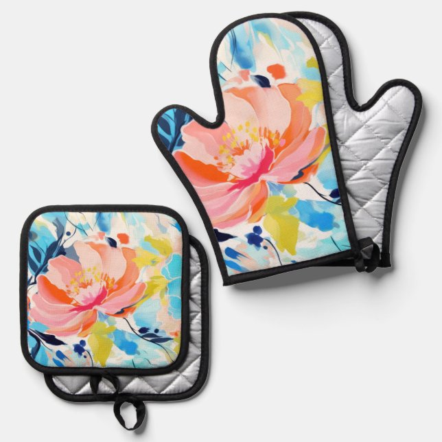 Abstraktes Blumenmuster-Gemälde  Ofenhandschuh & Topflappen-Set (Vorderseite/Rückseite)