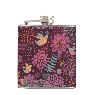 Abstraktes Blumenmuster mit Vögeln Flachmann