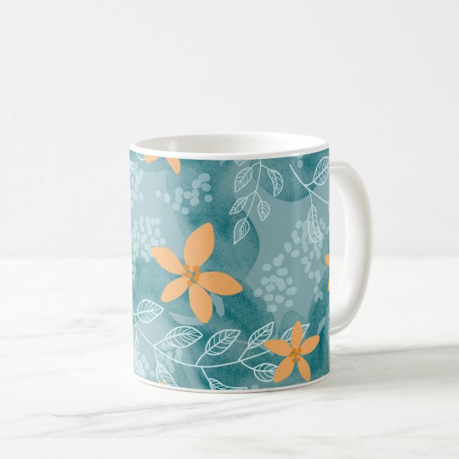 Abstraktes Blumenmuster Orange aquamarin Kaffeetasse (VorderseiteRechts)