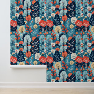 Abstraktes botanisches Blau- und Korallenmuster Tapete