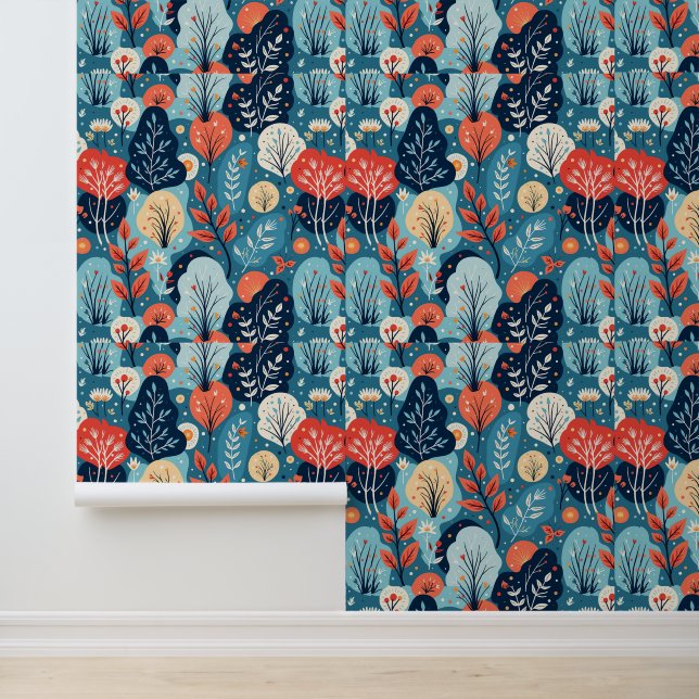 Abstraktes botanisches Blau- und Korallenmuster Tapete (Anwendung)