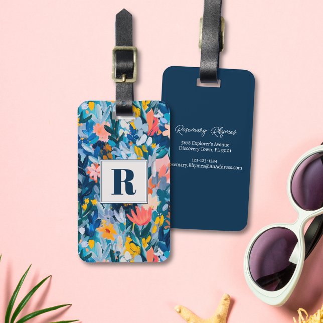 Abstraktes botanisches Monogramm, trendy blau und  Gepäckanhänger (Monogrammed abstract floral luggage tag)