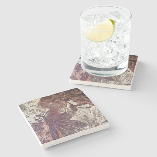 Abstraktes braunes Blumendesign 1 Steinuntersetzer (Seitenansicht)