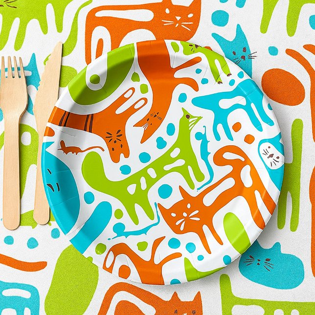 Abstraktes Cat Pattern Whimsisches Modernes Hausti Pappteller (Von Creator hochgeladen)