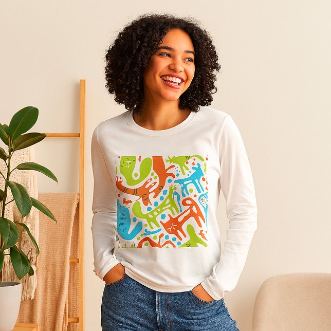 Abstraktes Cat Pattern Whimsisches Modernes Hausti T-Shirt (Von Creator hochgeladen)