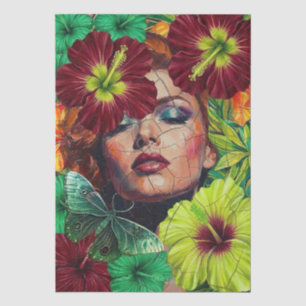 Abstraktes Collage Frauengesicht Floralien Schmett Seidenpapier