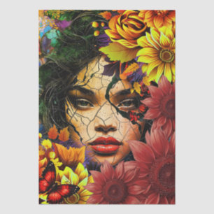 Abstraktes Collage Mädchen Gesicht Blumen Schmette Seidenpapier