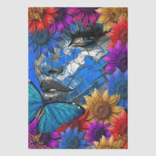 Abstraktes Collage Mädchen Gesicht Blumen Schmette Seidenpapier
