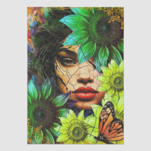 Abstraktes Collage Mädchen Gesicht Blumen Schmette Seidenpapier