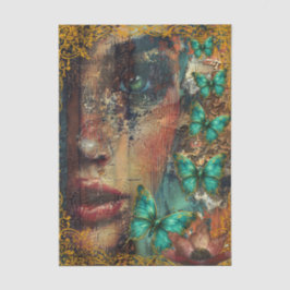 Abstraktes Collage Mädchen Gesicht & Schmetterling Seidenpapier
