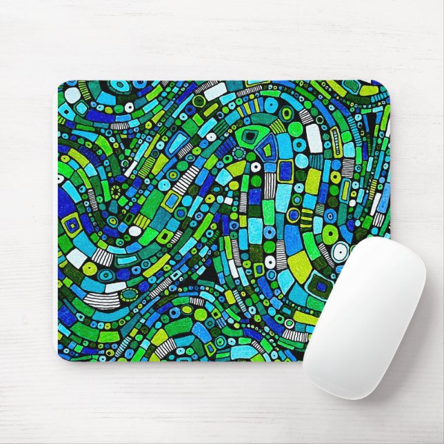 Abstraktes Design Blaue Grüne Wellen Formen Mousepad (Mit Mouse)