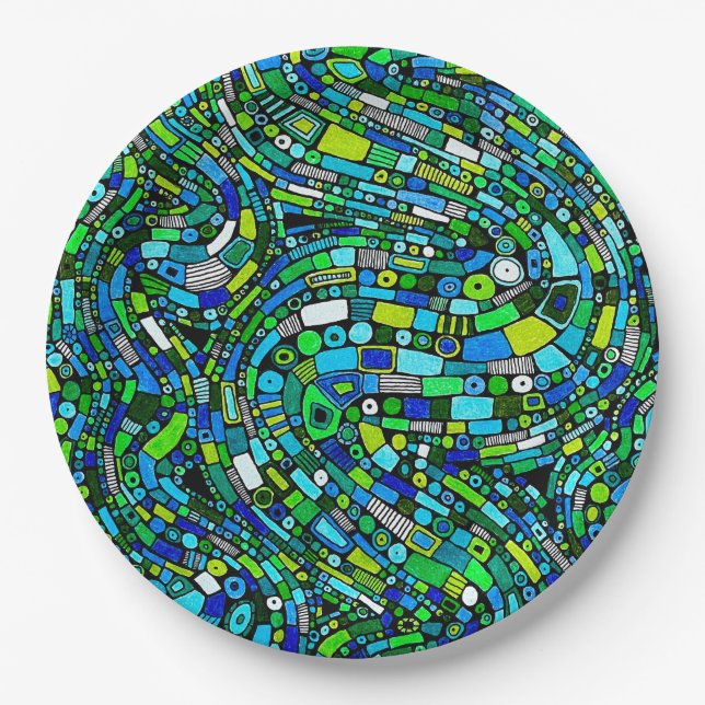 Abstraktes Design Blaue Grüne Wellen Formen Pappteller (Vorderseite)