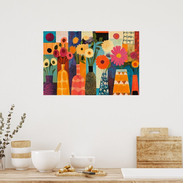 Abstraktes Design farbenfrohe Blumen Poster (Küche)