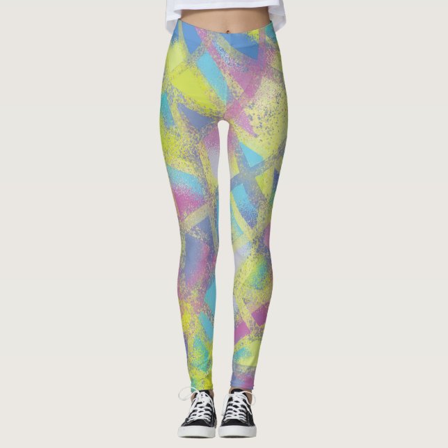 Abstraktes Design in lila-gelb-blau Leggings (Vorderseite)