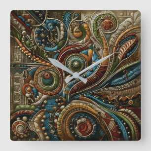 Abstraktes Design Red Blue Gold Green Quadratische Wanduhr