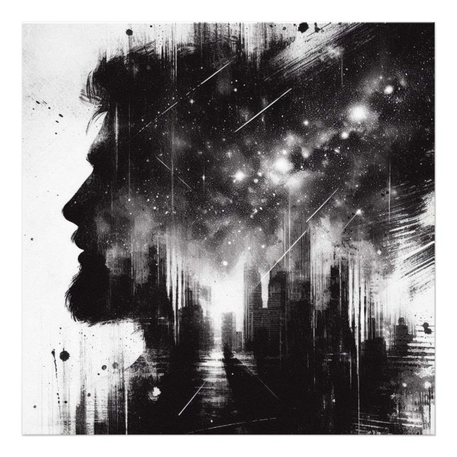 Abstraktes Double Exposure Portrait mit Starry Sky Fotodruck (Vorne)