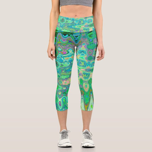 Abstraktes, farbenfroh grünes Mosaik Retro Capri Leggings (Vorderseite)