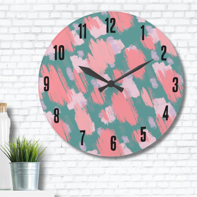 Abstraktes Farbmuster Große Wanduhr (Trendy Abstract Brushstrokes Colorful Pattern Large Clock)