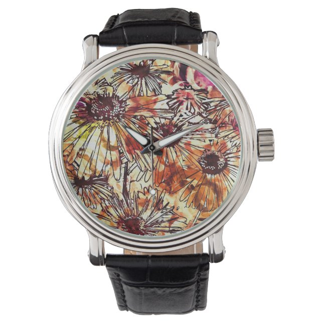 Abstraktes Farbspritzer-Sonnenblumen-Muster Armbanduhr (Vorderseite)