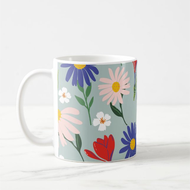 Abstraktes Federnahtloses Muster mit farbenfrohen  Kaffeetasse (Links)