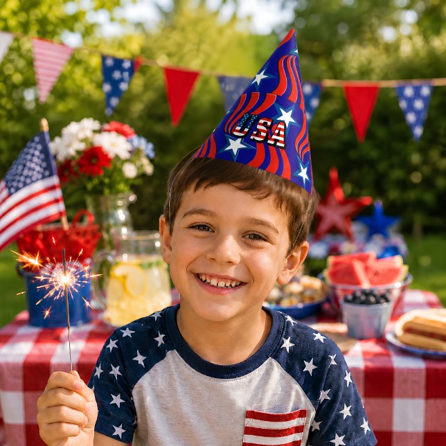 Abstraktes Flag-Muster mit USA Text Party Hat Partyhütchen (Abstract Flag Pattern with USA Text Party Hat)