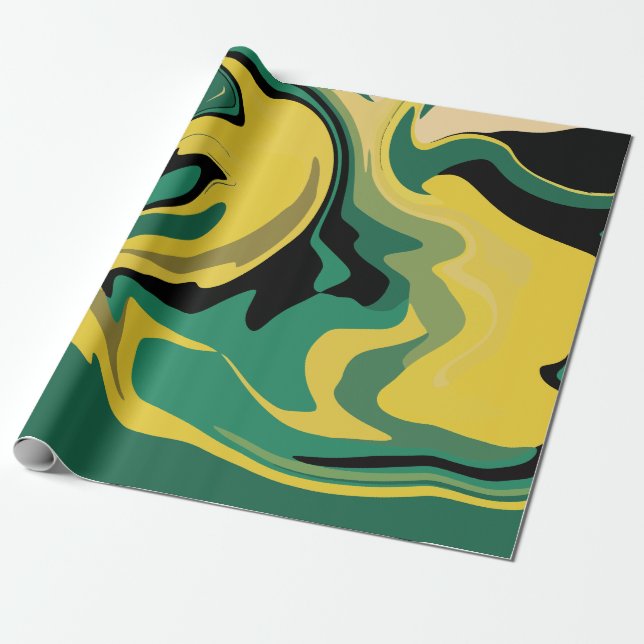 Abstraktes Fließendes Grünes und Gelbes Design Geschenkpapier (Ungerollt)